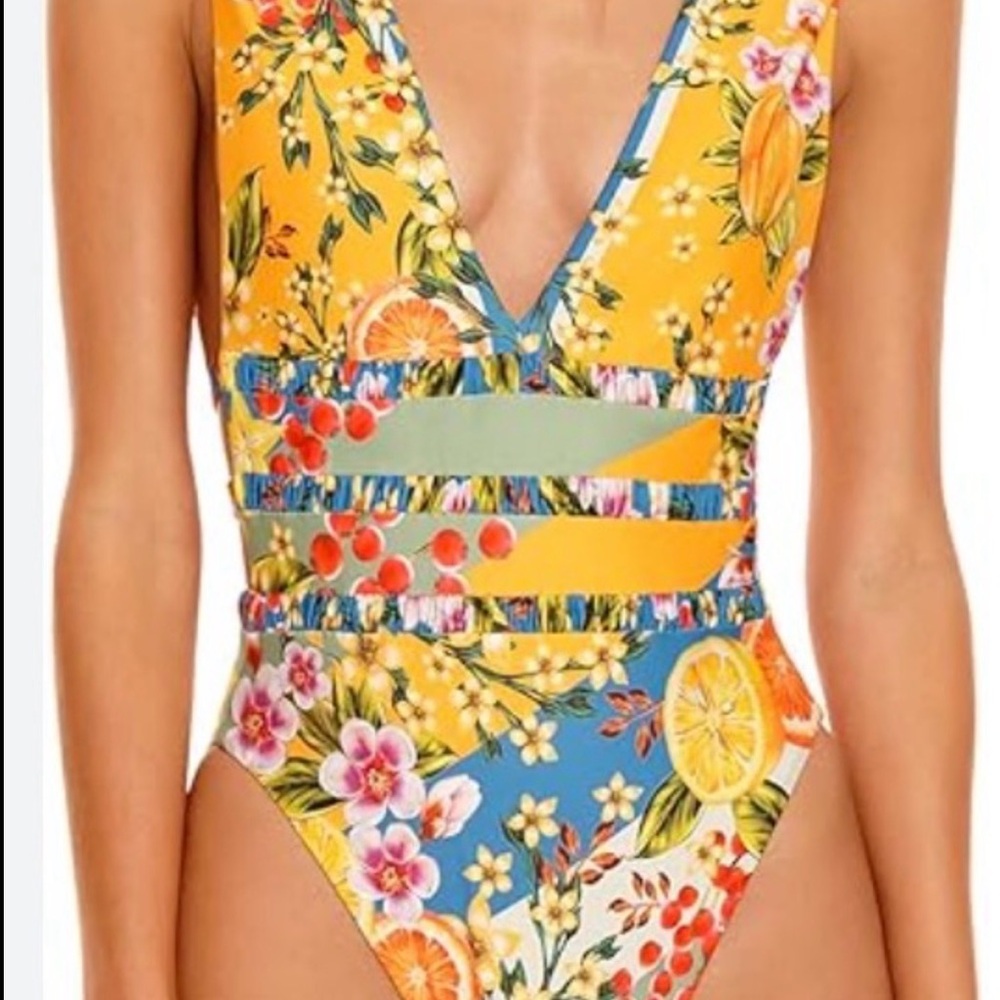 Agua Bendita Yellow & Blue Floral Citrus One-Piece Swimsuit (code 10981)